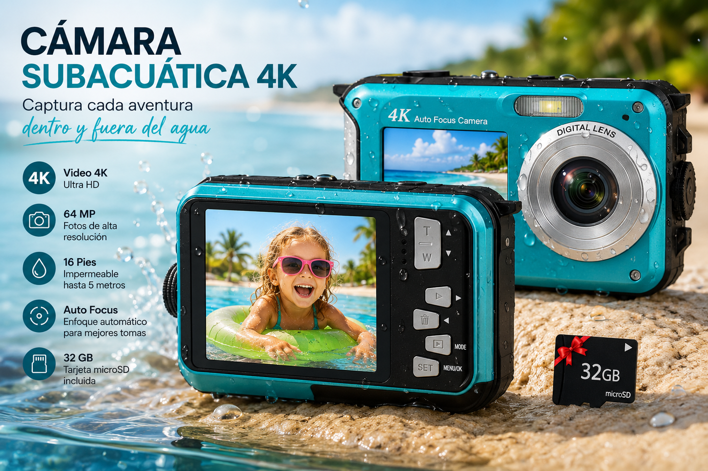Cámara Subacuática 4K 64 MP con Tarjeta de 32 GB